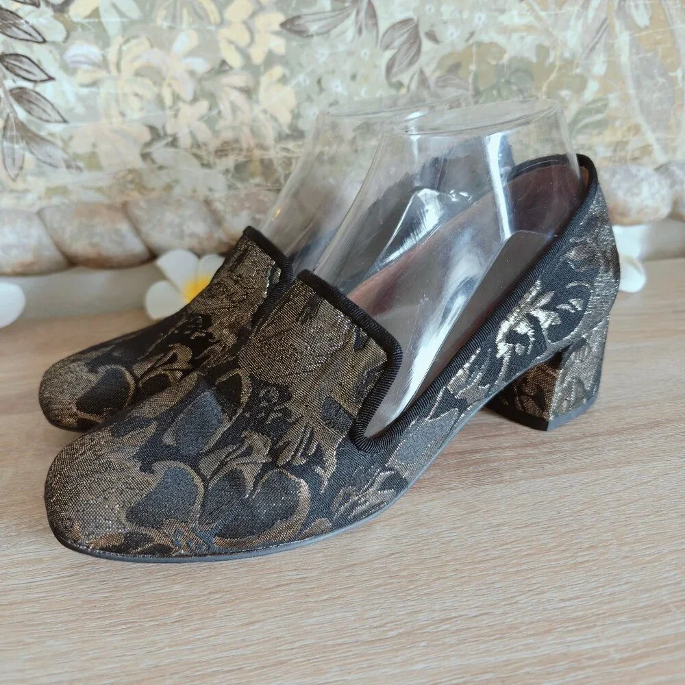 Franco Sarto Hettie Black & Metallic Gold Floral Brocade Block Heels 6.5